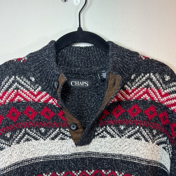 Chaps Fair Isle Henley Sweater Marled Gray  Pullover 1/4 Button Mock Neck  Large - Picture 2 of 13